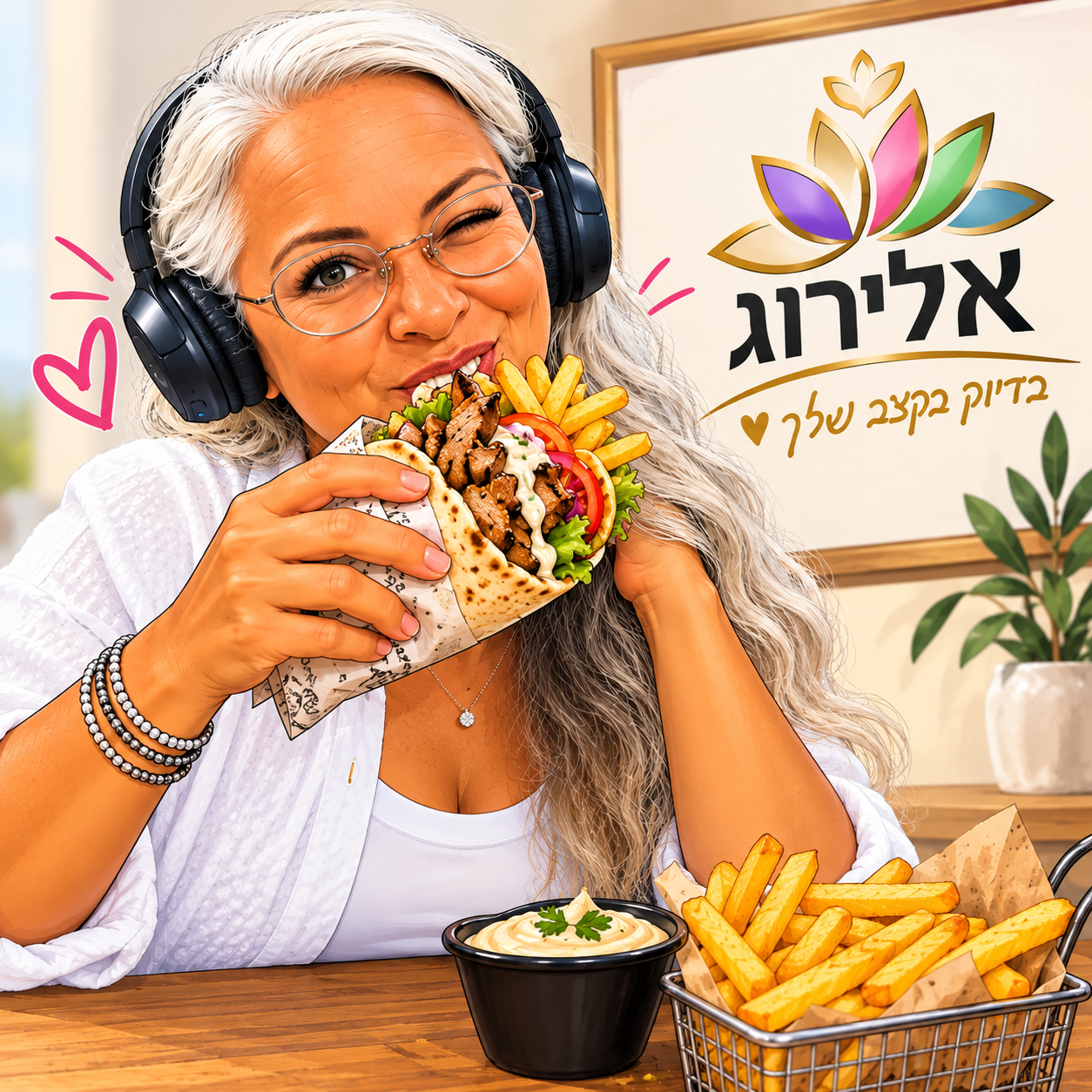 ג'וריאל מאלירוג אוכלת שווארמה טובה בפיתה עם צ'יפס בצד