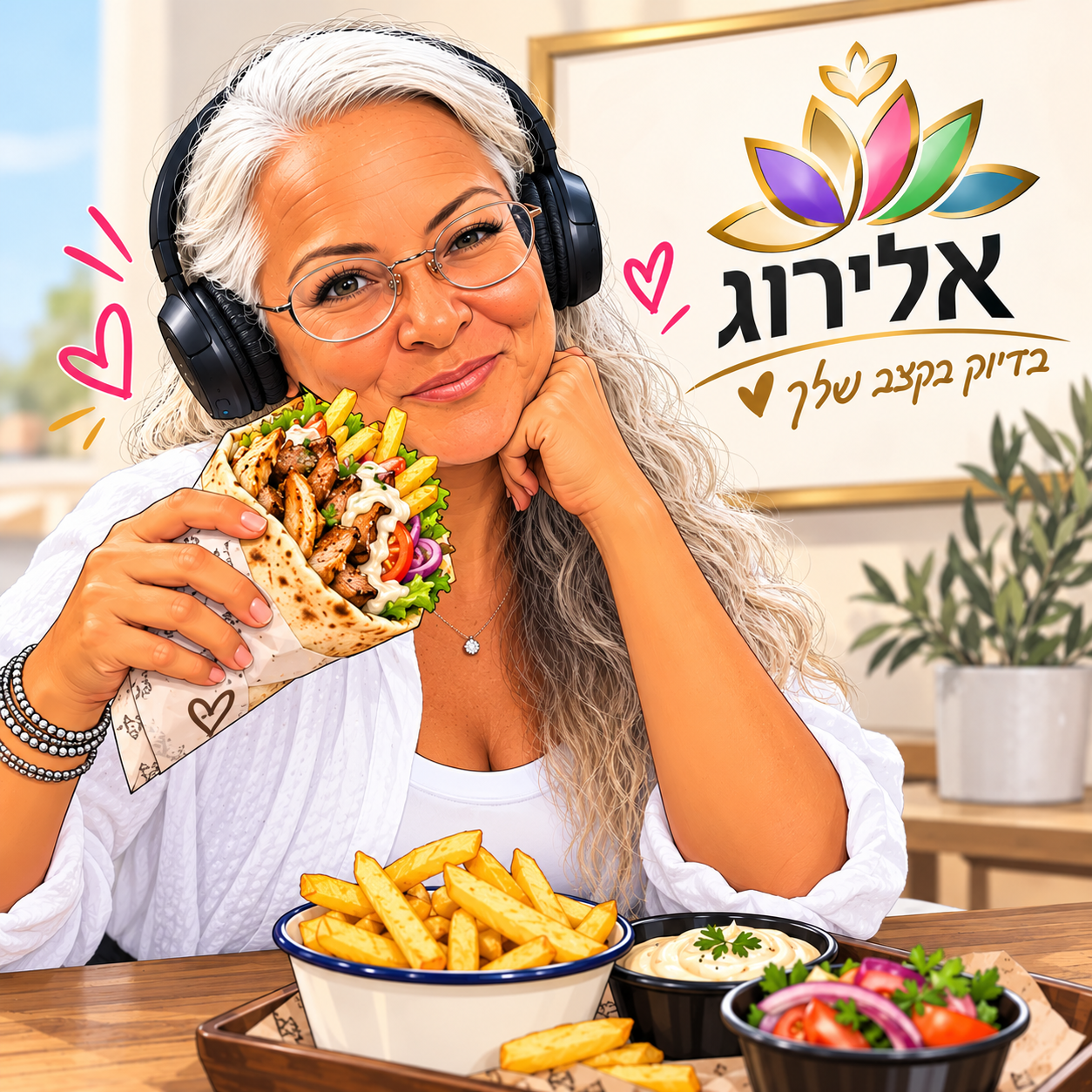 ג'וריאל מאלירוג אוכלת שווארמה טובה בפיתה עם צ'יפס בצד